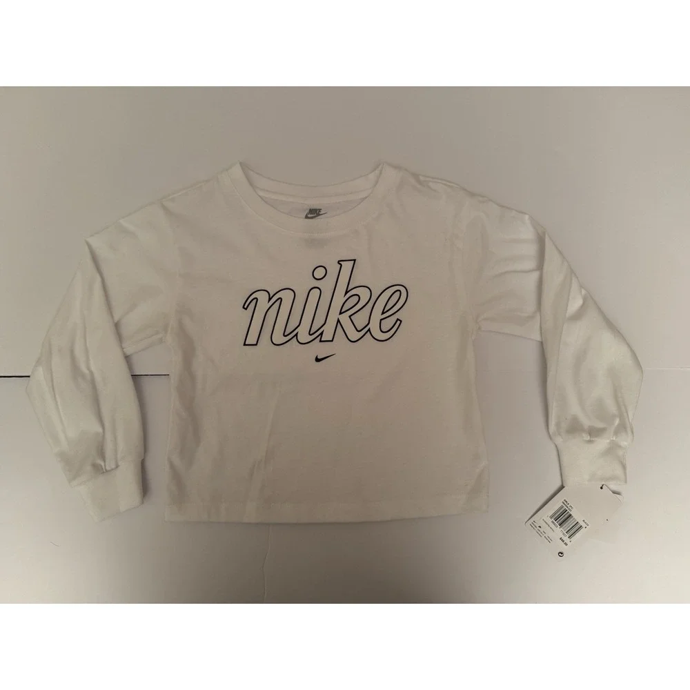 Nike Girls Medium Shirt White Long Sleeve Black Logo Letters Casual Kids Top NWT